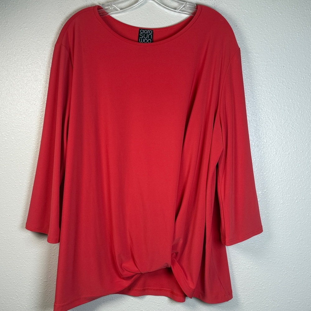 Clara Sun Woo Top 1X Front Knot 3/4 Bell Sleeve USA Stretch‎ Slinky Coral Read
